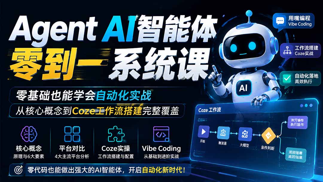 Agent AI智能体零到一系统课；零基础也能学会自动化实战，从核心概念到Coze工作流搭建完整覆盖-985网创