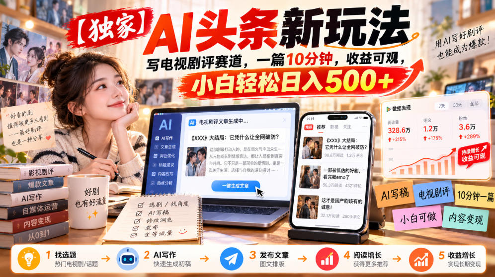 【独家】AI头条新玩法，写电视剧评赛道，一篇10分钟，收益可观，小白轻松日入500+-985网创