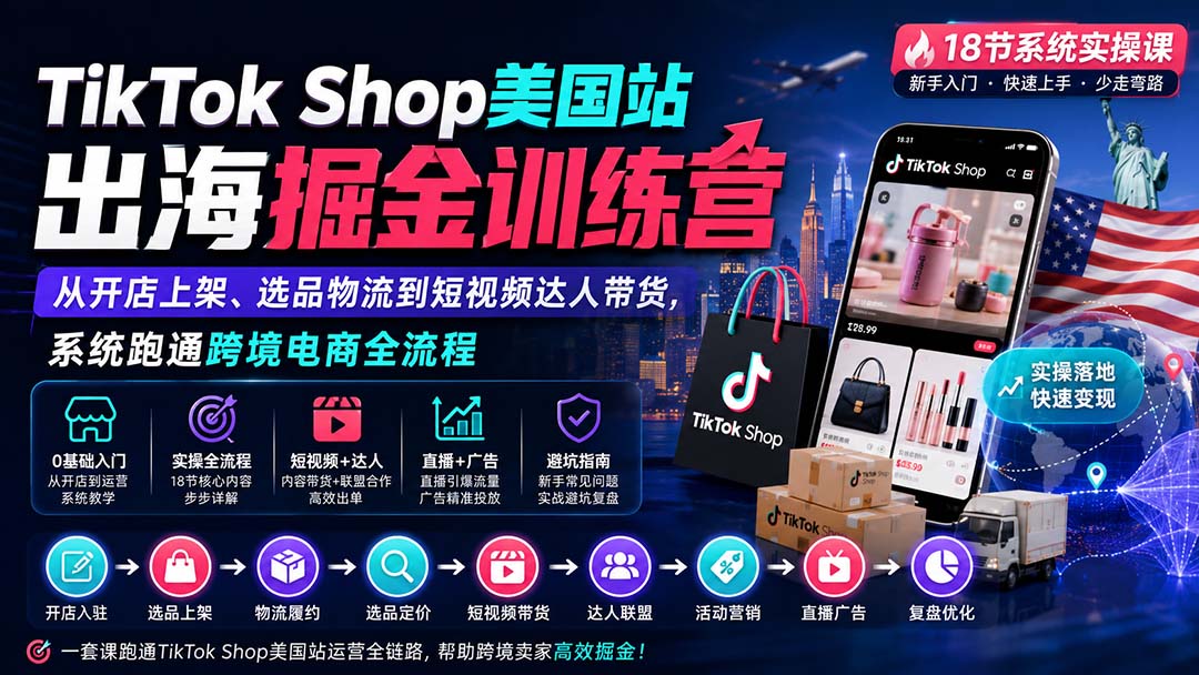 TikTok Shop美国站出海掘金训练营：从开店上架、选品物流到短视频达人带货，系统跑通跨境电商全流程-985网创