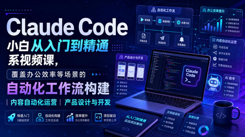 Claude Code小白从入门到精通系视频课，覆盖办公效率等场景的自动化工作流构建|内容自动化运营|产品设计与开发-985网创