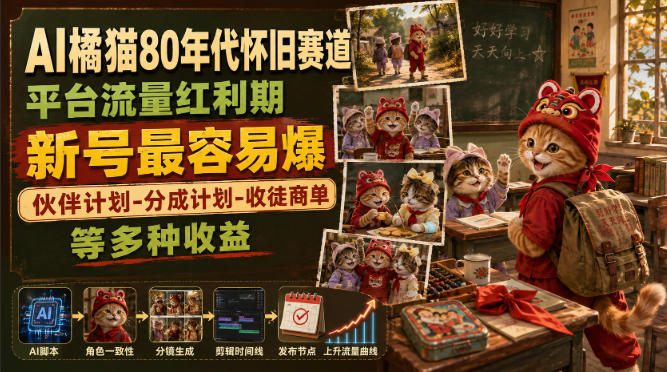 AI橘猫80年代怀旧赛道，平台流量红利期，新号最容易爆，伙伴计划-分成计划-收徒商单等多种收益-985网创