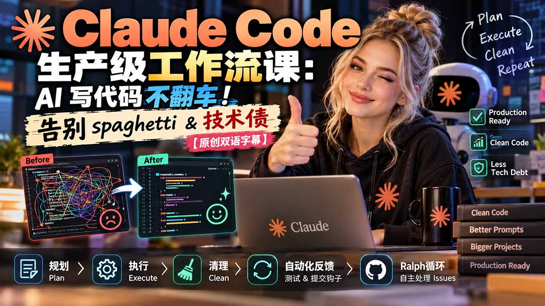 Claude Code 生产级工作流课：AI 写代码不翻车！告别 spaghetti & 技术债【原创双语字幕】-985网创