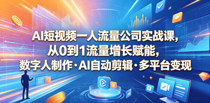 AI短视频一人流量公司实战课，从0到1流量增长赋能，数字人制作・AI自动剪辑・多平台变现，一人做流量生意全落地教程-985网创