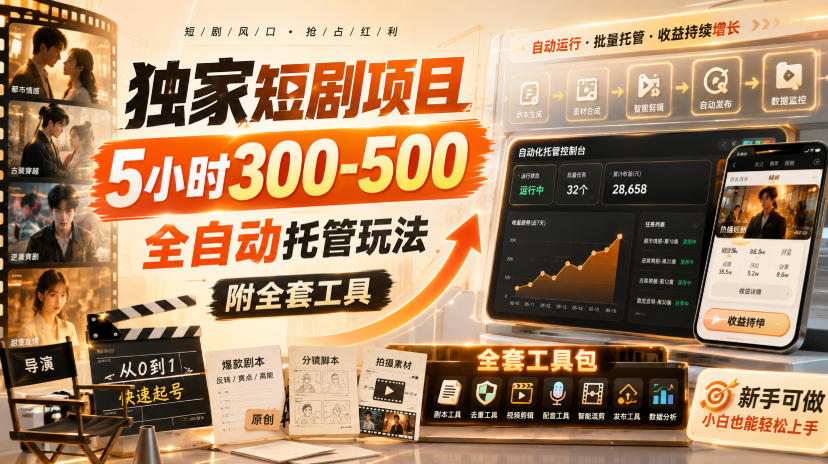 独家短剧项目，5小时300-500，全自动托管玩法，附全套工具【揭秘】-985网创