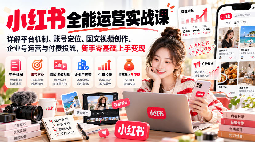 小红书全能运营实战课，详解平台机制、账号定位、图文视频创作、企业号运营与付费投流，新手零基础上手变现-985网创