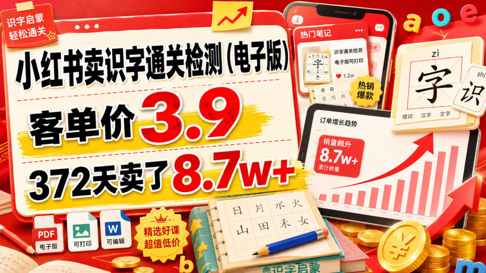 小红书卖识字通关检测（电子版），客单价3.9，372天卖了8.7w+-985网创