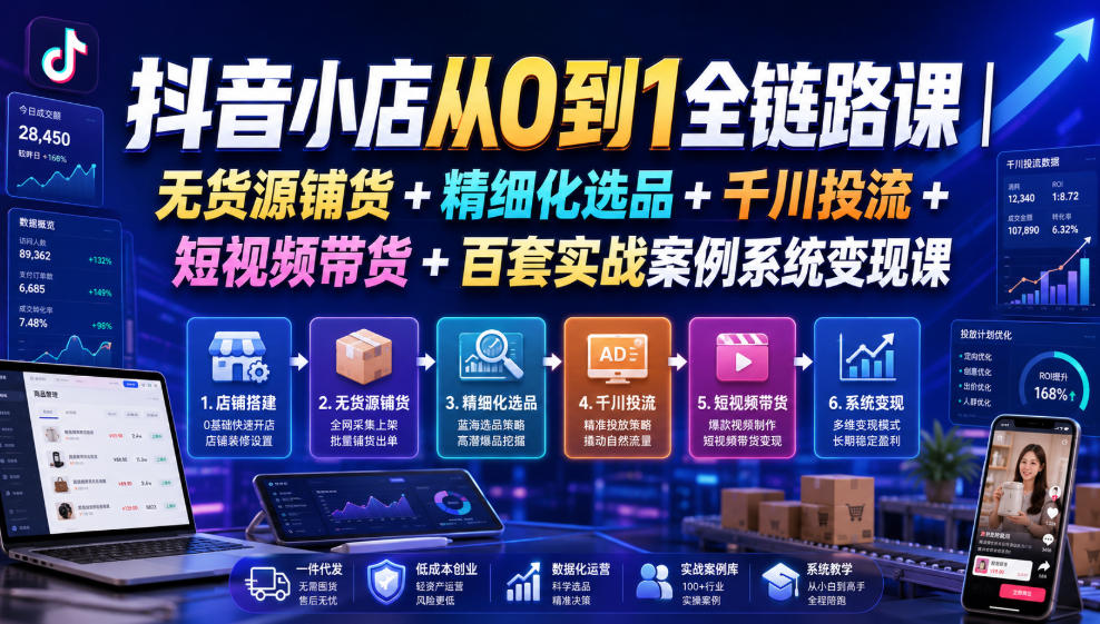 抖音小店从0到1全链路课｜无货源铺货+精细化选品+千川投流+短视频带货+百套实战案例系统变现课（2026年7月更新）-985网创