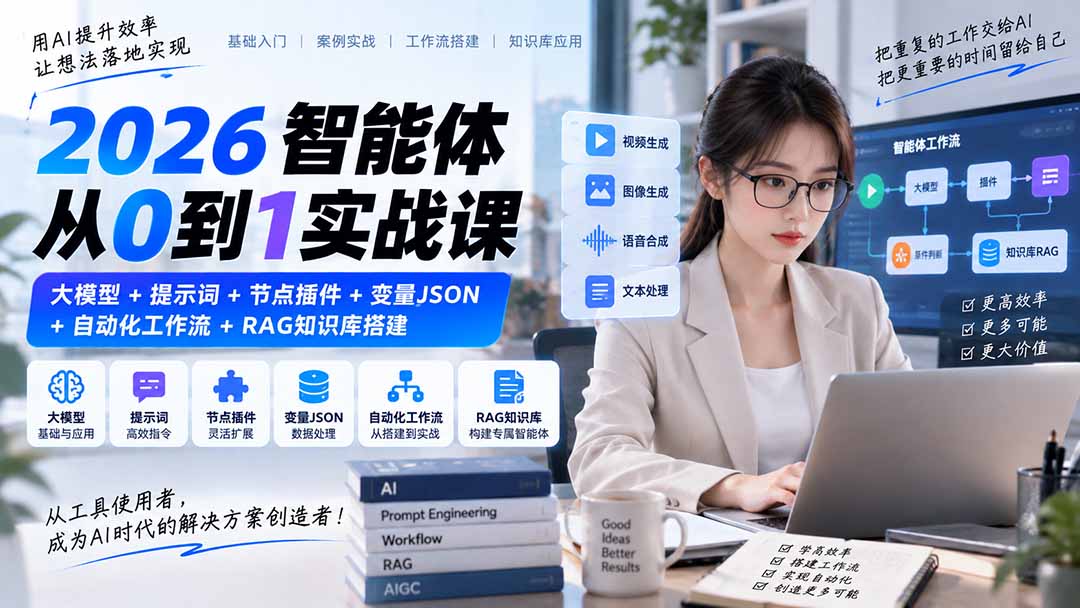 2026智能体从0到1实战课｜大模型+提示词+节点插件+变量JSON+自动化工作流+RAG知识库搭建-985网创