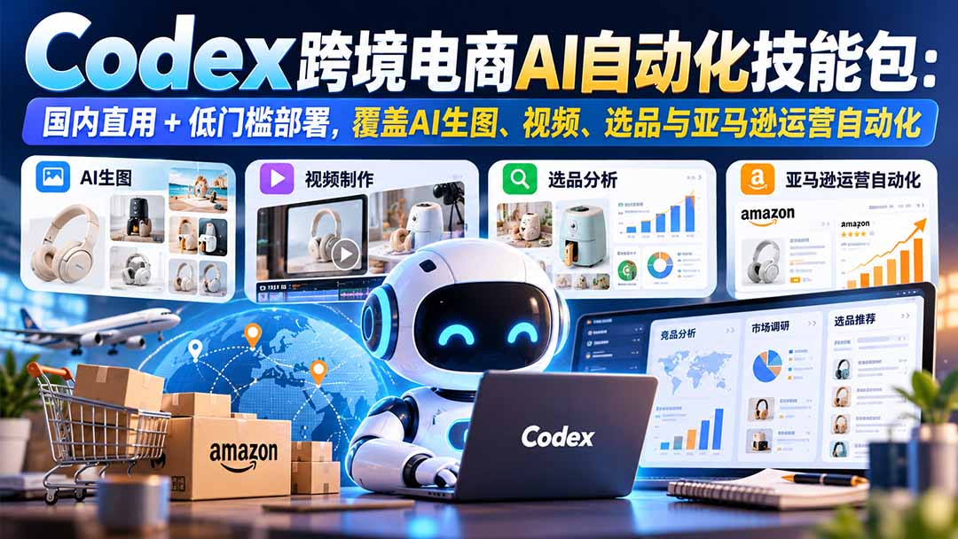 【无水印】Codex跨境电商AI自动化技能包：国内直用+低门槛部署，覆盖AI生图、视频、选品与亚马逊运营自动化-985网创