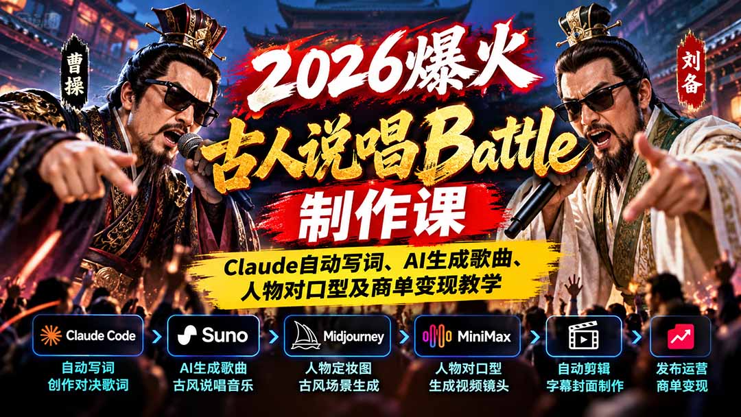 2026爆火古人说唱Battle制作课：Claude自动写词、AI生成歌曲、人物对口型及商单变现教学-985网创