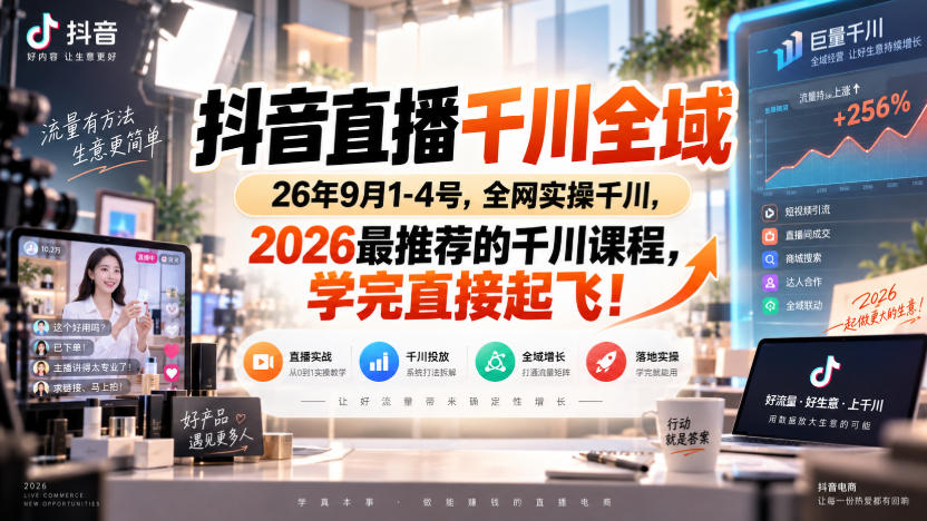 抖音直播千川全域26年9月1-4号，全网实操千川，2026最推荐的千川课程，学完直接起飞！-985网创