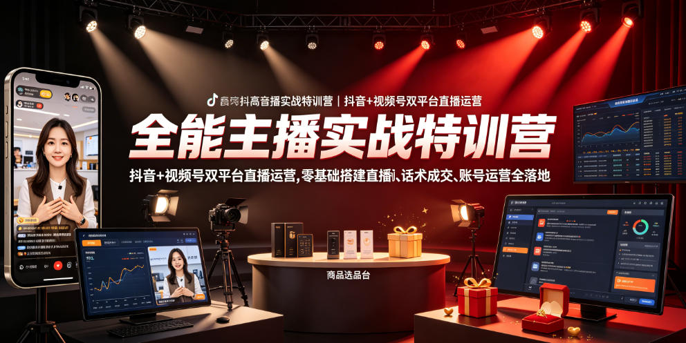 全能主播实战特训营｜抖音+视频号双平台直播运营，零基础搭建直播间、精准选品、话术成交、账号运营全落地-985网创