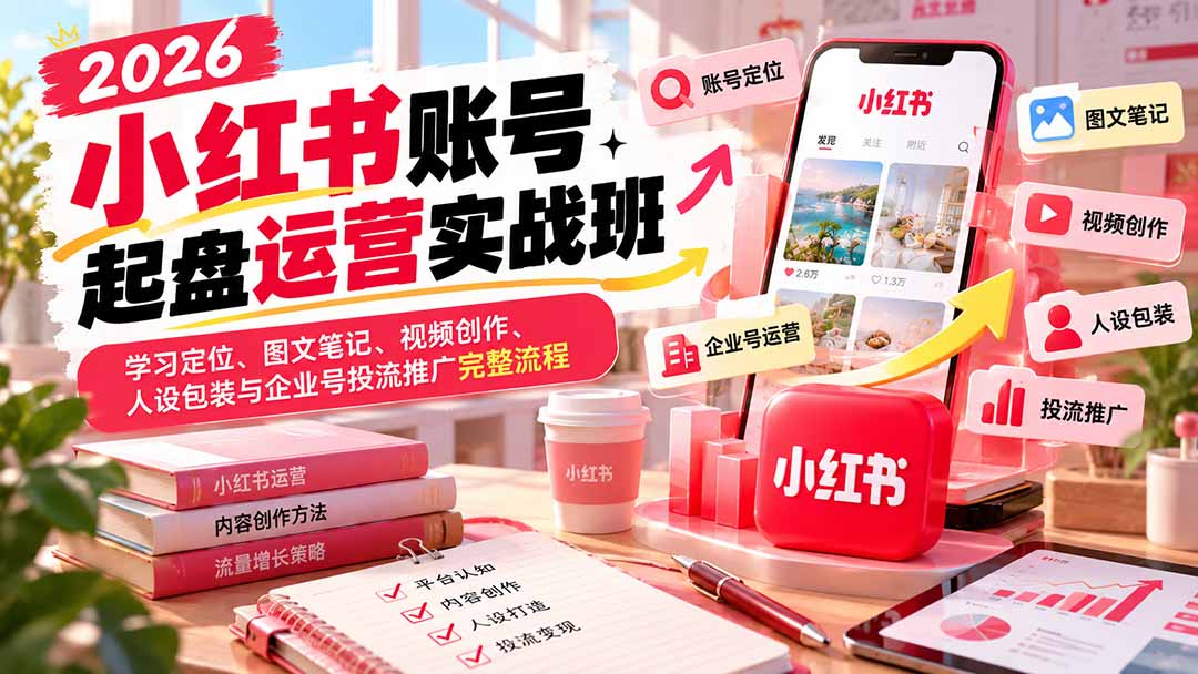 2026小红书账号起盘运营实战班：学习定位、图文笔记、视频创作、人设包装与企业号投流推广完整流程-985网创