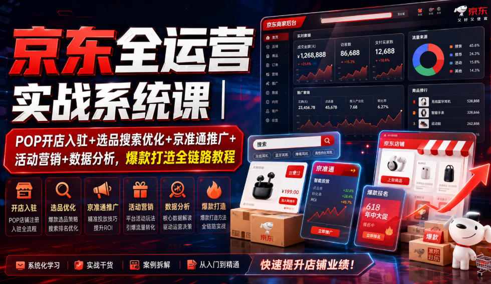 京东全运营实战系统课｜POP开店入驻+选品搜索优化+京准通推广+活动营销+数据分析，爆款打造全链路教程-985网创