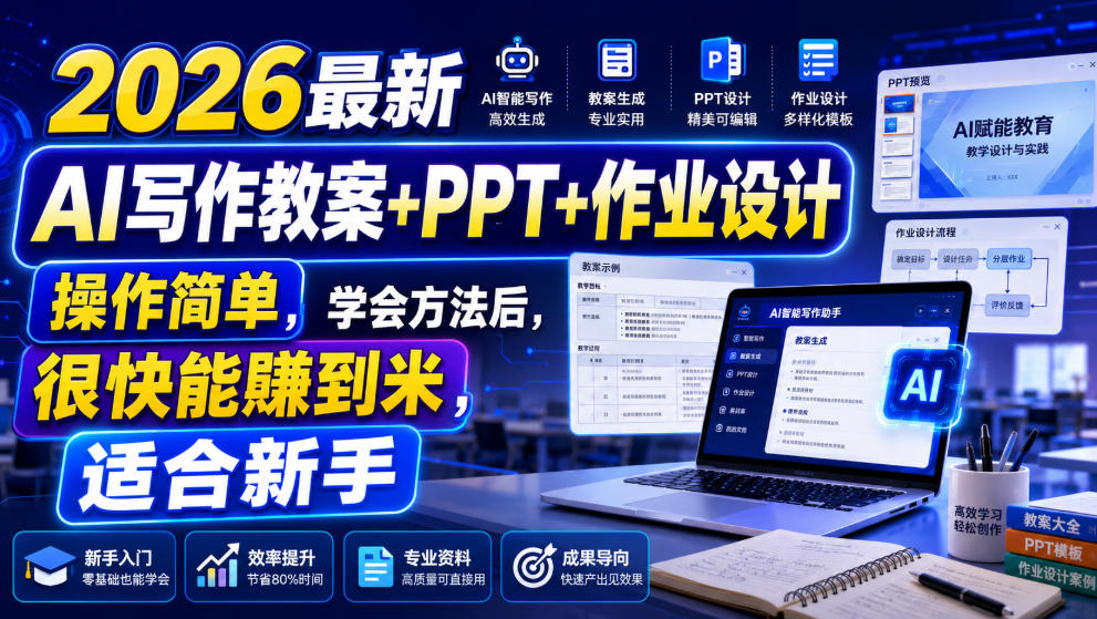 2026最新AI写作教案+PPT+作业设计，操作简单，学会方法后，很快能賺到米，适合新手-985网创