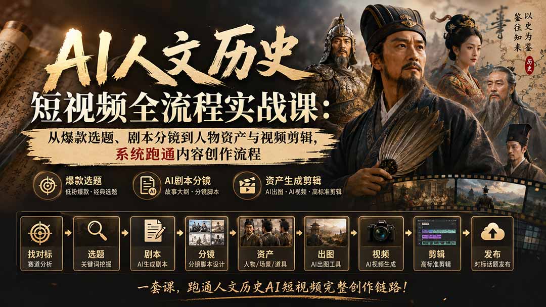 AI人文历史短视频全流程实战课：从爆款选题、剧本分镜到人物资产与视频剪辑，系统跑通内容创作流程-985网创