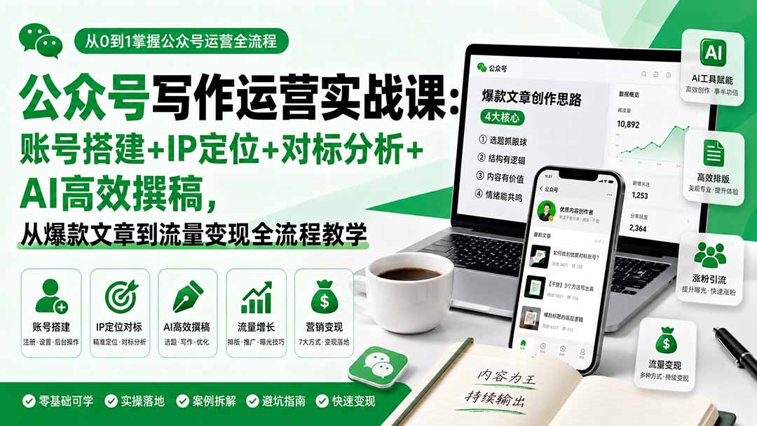 公众号写作运营实战课：账号搭建+IP定位+对标分析+AI高效撰稿，从爆款文章到流量变现全流程教学-985网创