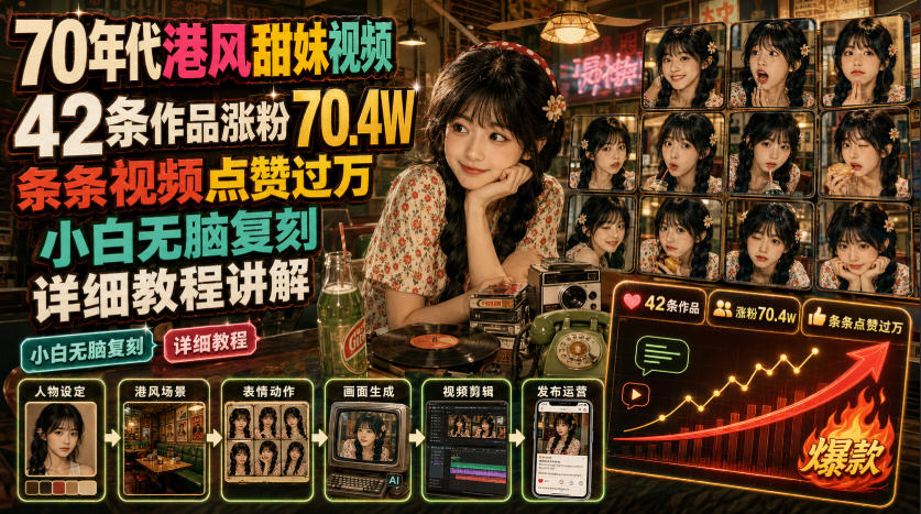 70年代港风甜妹视频，42条作品涨粉70.4W，条条视频点赞过万，小白无脑复刻，详细教程讲解-985网创