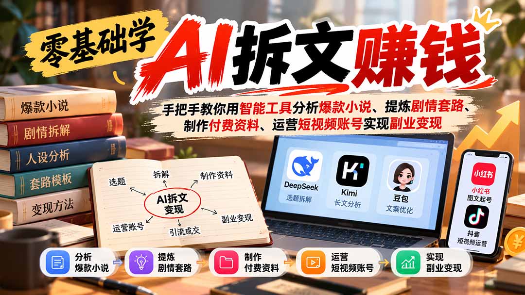 零基础学AI拆文赚钱：手把手教你用智能工具分析爆款小说、提炼剧情套路、制作付费资料、运营短视频账号实现副业变现-985网创