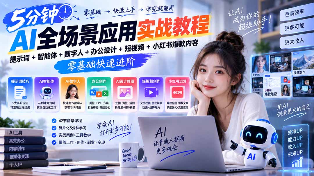 AI全场景应用实战教程｜提示词+智能体+数字人+办公设计+短视频+小红书爆款内容，零基础快速进阶-985网创
