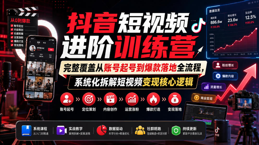 抖音短视频进阶训练营，完整覆盖从账号起号到爆款落地全流程，系统化拆解短视频变现核心逻辑-985网创