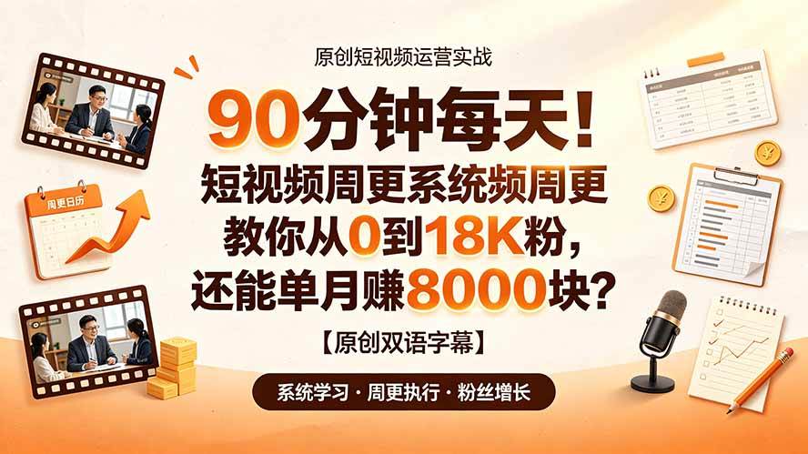 （19265期）90 分钟每天！短视频周更系统教你从 0 到 18K 粉，还能单月赚 8000 块？【原创双语字幕】-985网创