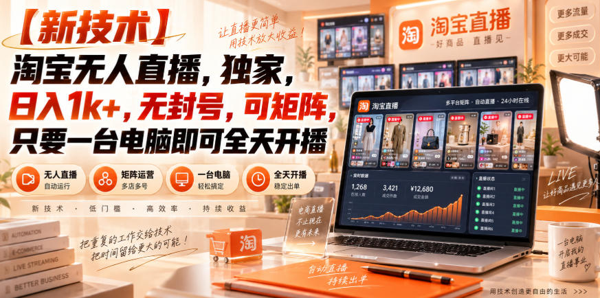 【独家新技术】淘宝无人直播，日入1k+，无封号，可矩阵，只要一台电脑即可全天开播【揭秘】-985网创