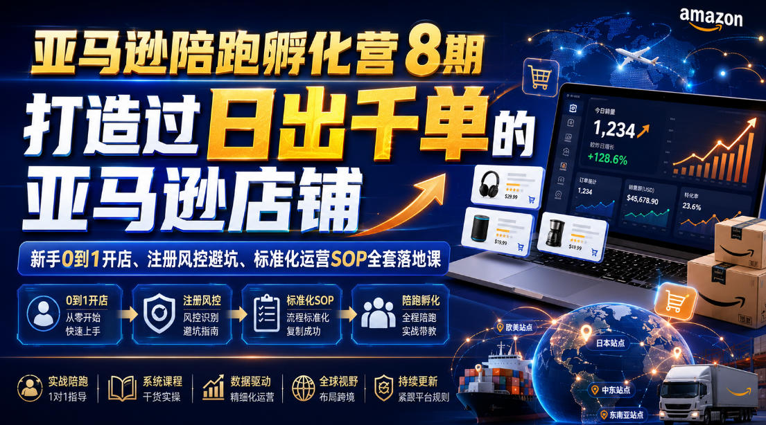 亚马逊陪跑孵化营8期，打造过日出千单的亚马逊店铺，新手0到1开店、注册风控避坑、标准化运营SOP全套落地课-985网创