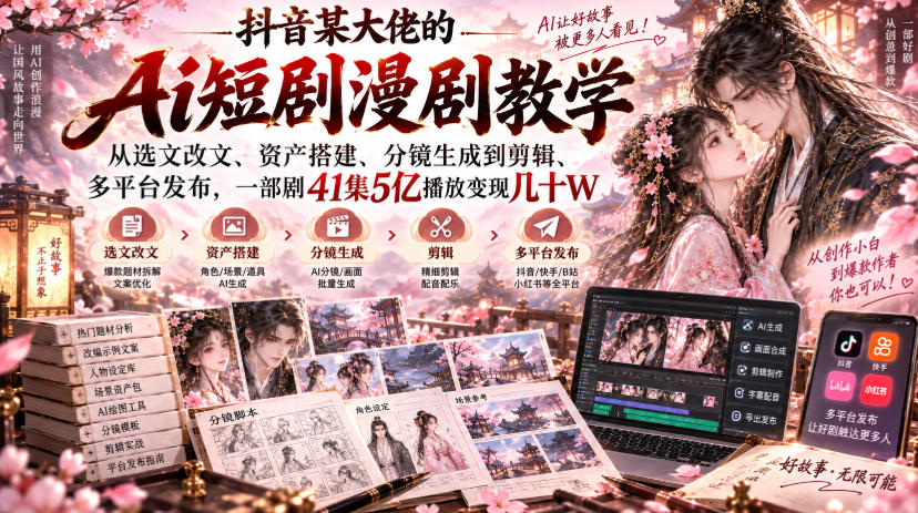 抖音某大佬的Ai短剧漫剧教学，从选文改文、资产搭建、分镜生成到剪辑、多平台发布，一部剧41集5亿播放变现几十W-985网创
