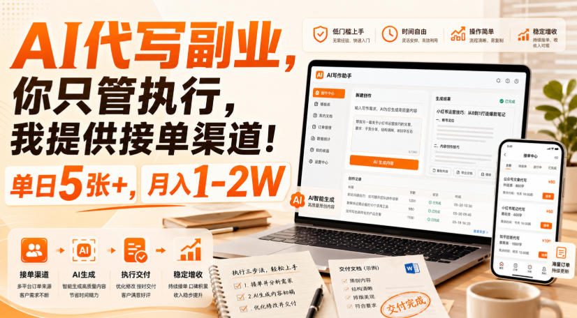AI代写副业，你只管执行，我提供接单渠道！单日5张+，月入1-2W【揭秘】-985网创