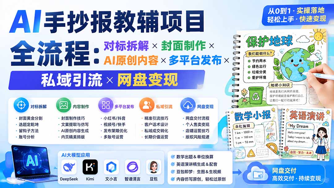 AI手抄报教辅项目全流程：对标拆解×封面制作×AI原创内容×多平台发布×私域引流×网盘变现-985网创