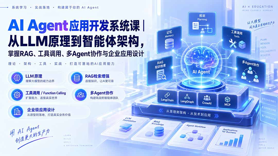 AI Agent应用开发系统课-179节｜从LLM原理到智能体架构，掌握RAG、工具调用、多Agent协作与企业应用设计-985网创