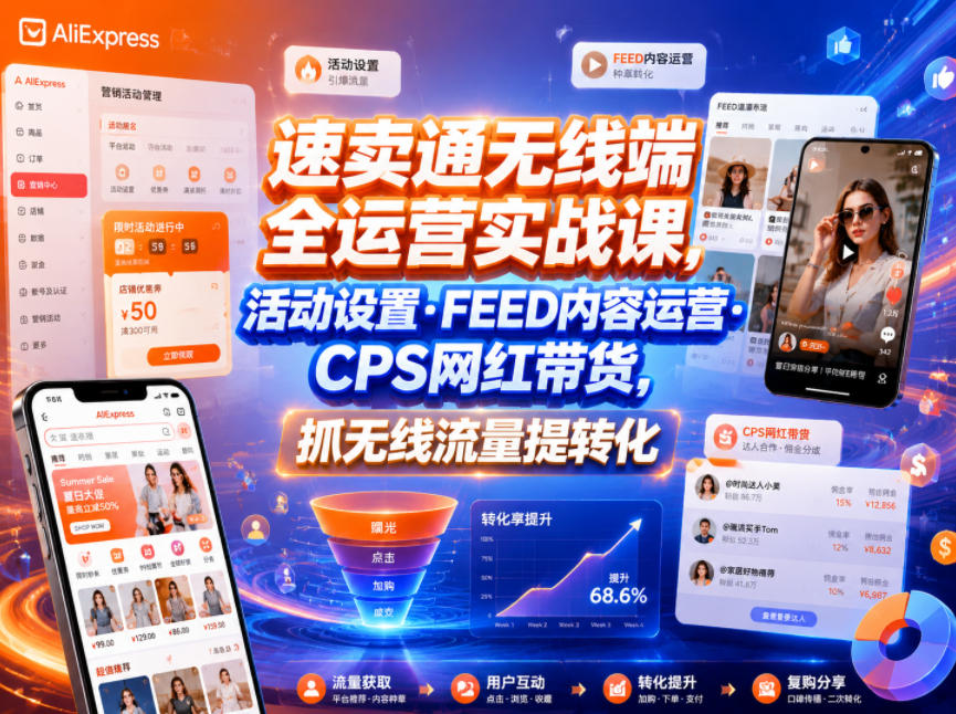 速卖通无线端全运营实战课，活动设置・FEED内容运营・CPS网红带货，抓无线流量提转化-985网创