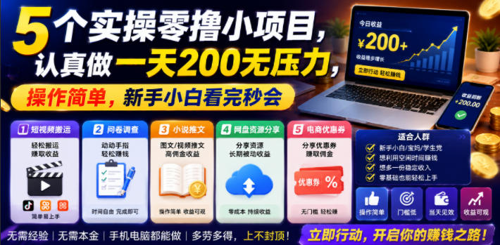 5个实操零撸小项目，认真做一天200无压力，操作简单，新手小白看完秒会【揭秘】-985网创