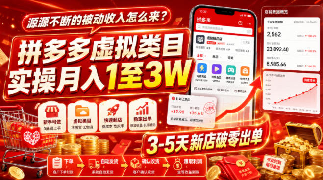 源源不断的被动收入怎么来？拼多多虚拟类目实操月入1至3W，3-5天新店破零出单-985网创
