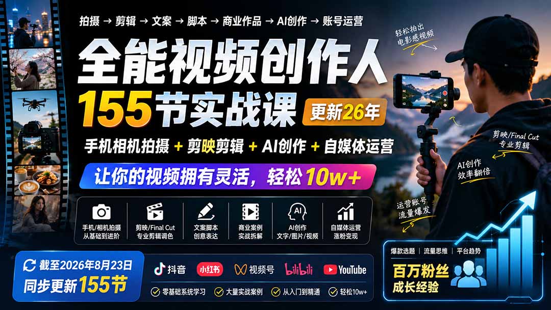 全能视频创作人155节实战课-更新26年8月：手机相机拍摄+剪映剪辑+AI创作+自媒体运营，让你的视频拥有灵活，轻松10w-985网创