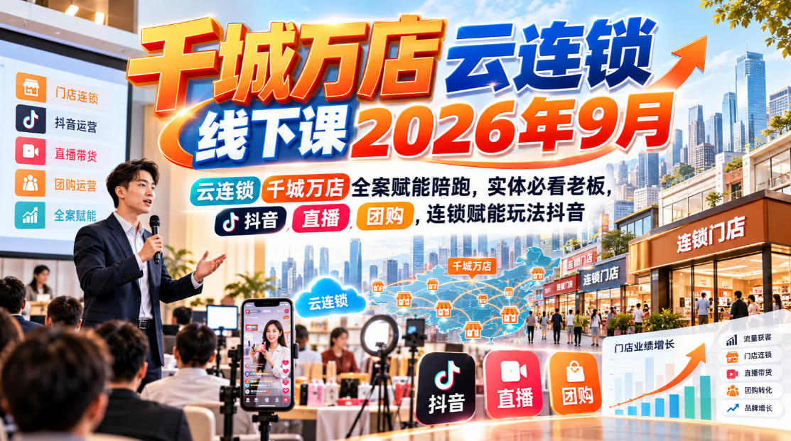 千城万店云连锁线下课2026年9月，云连锁千城万店全案赋能陪跑，实体必看老板，抖音，直播，团购，连锁赋能玩法抖音-985网创
