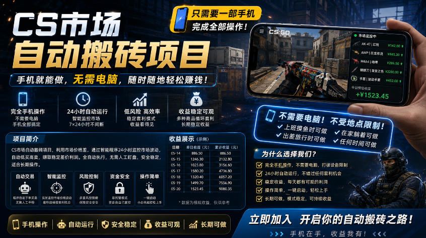 手机即可操作的CS市场自动搬砖系统｜自动监控｜自动下单|日入300+【揭秘】-985网创