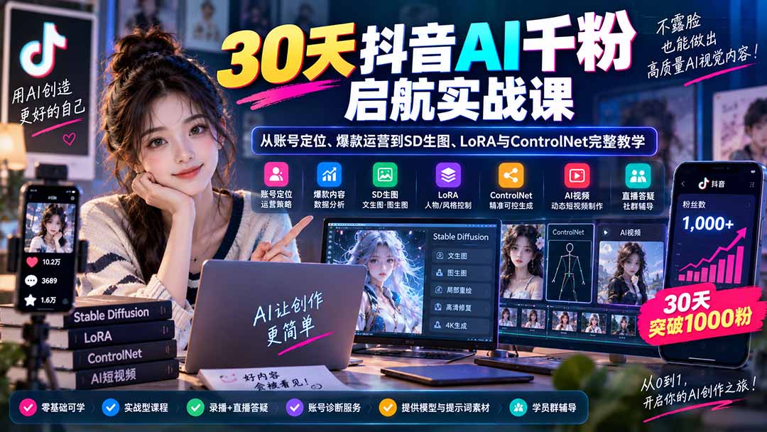 30天抖音AI千粉启航实战课：从账号定位、爆款运营到SD生图、LoRA与ControlNet完整教学-985网创