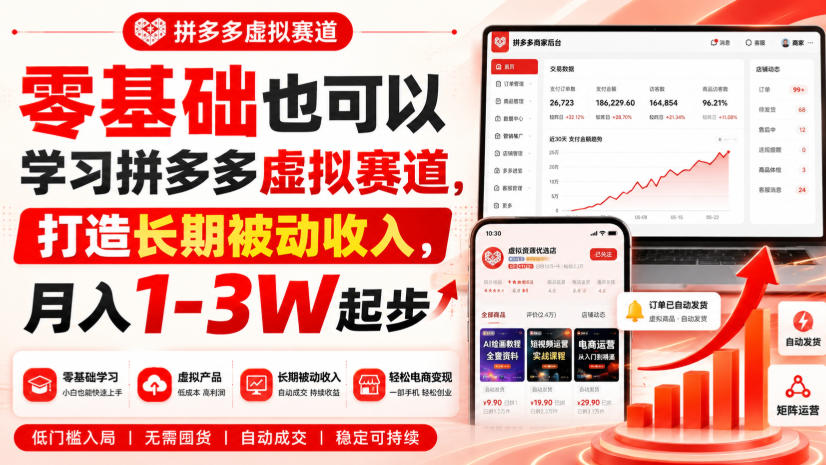 零基础也可以学习拼多多虚拟赛道，打造长期被动收入，月入1-3W起步-985网创