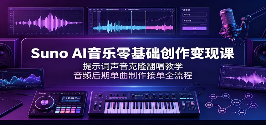 Suno AI音乐零基础创作变现课：提示词声音克隆翻唱教学，音频后期单曲制作接单全流程-985网创