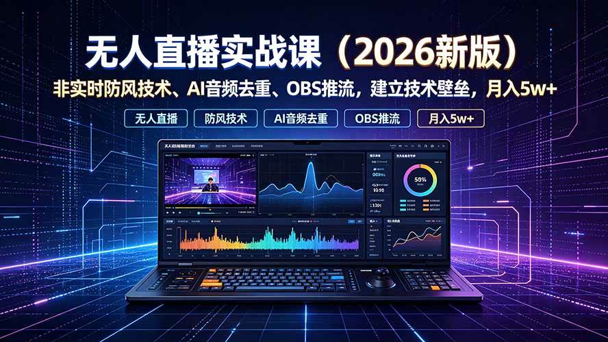 （19292期）无人直播实战课（更新7月），非实时防风技术、AI音频去重、OBS推流，建立技术壁垒，月入5w+-985网创
