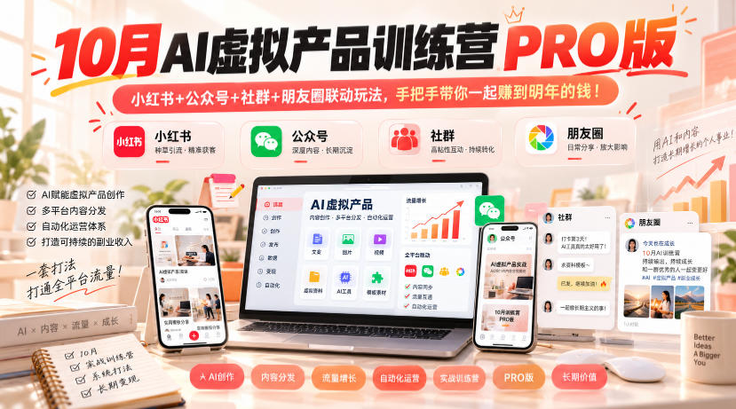 10月AI虚拟产品训练营PRO版，小红书+公众号+社群+朋友圈联动玩法，手把手带你一起赚到明年的钱！-985网创