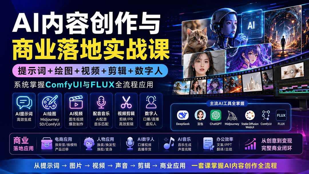 AI内容创作与商业落地实战课：提示词+绘图+视频+剪辑+数字人，系统掌握ComfyUI与FLUX全流程应用-985网创