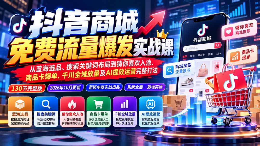 抖店城免费流量爆发实战-更新：蓝海选品、搜索关键词布局到猜你喜欢入池、商品卡爆单、千川全域放量及AI提效完整打法-985网创