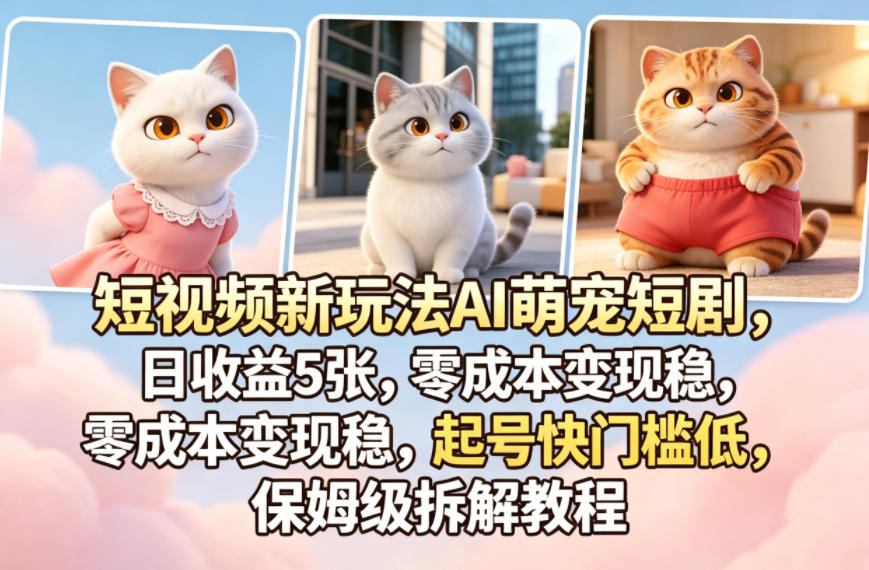 短视频新玩法AI萌宠短剧，日收益5张，零成本变现稳，起号快门槛低，保姆级拆解教程-985网创