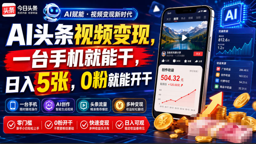 AI头条视频变现，一台手机就能干，日入5张，0粉就能开干-985网创