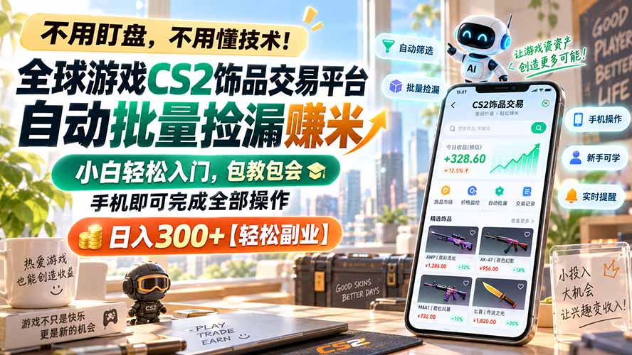全球游戏CS2饰品交易平台自动批量捡漏赚米，小白轻松入门，包教包会，手机即可完成全部操作，日入300+【轻松副业】-985网创