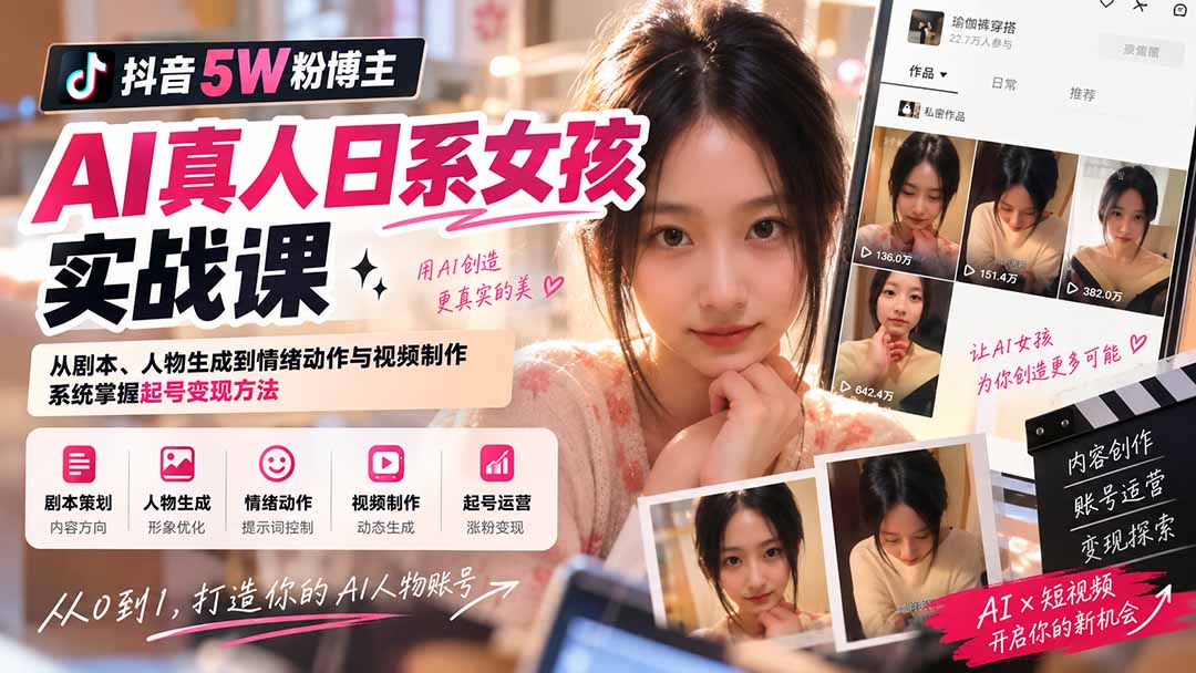 抖音5W粉博主AI真人日系女孩实战课：从剧本、人物生成到情绪动作与视频制作，系统掌握起号变现方法-985网创