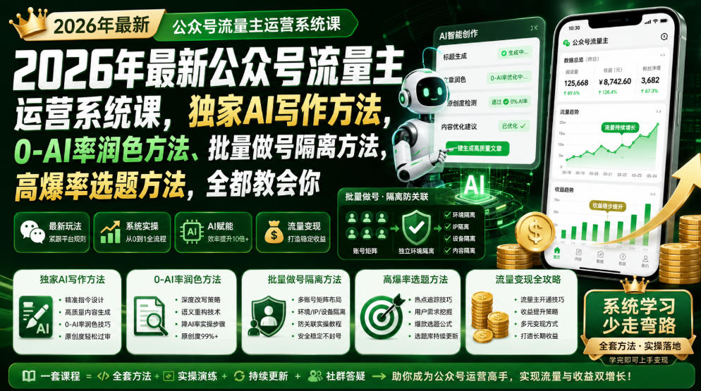 2026年最新公众号流量主运营系统课，独家AI写作方法，0-AI率润色方法、批量做号隔离方法、高爆率选题方法，全都教会你-985网创